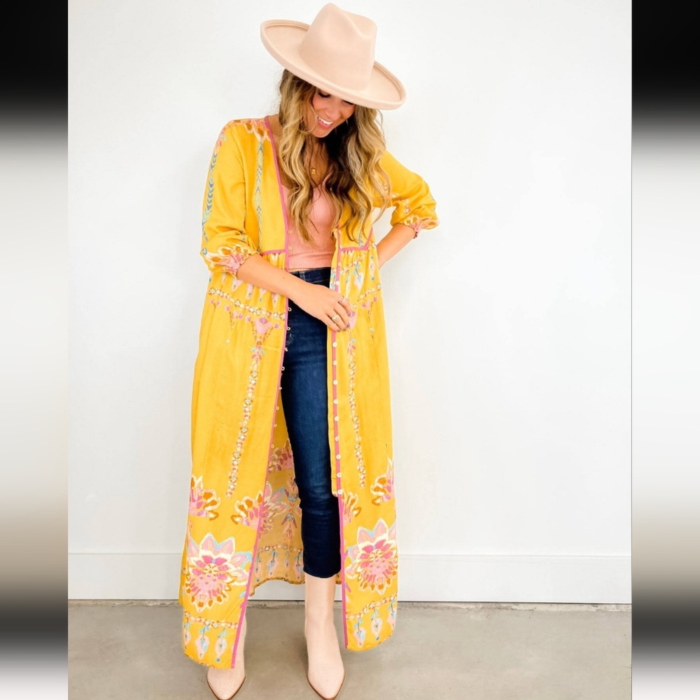 Free People Medium Yellow Pink  Button Front  Maxi Floral Slit Dress 3/4  Sleeve